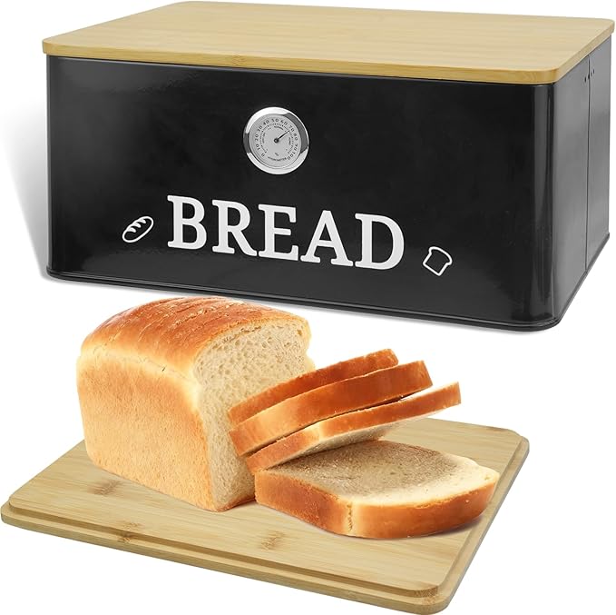 Black Bread Box for Kitchen Countertop with Bamboo lid, Hygrometer Kitchen Organizer for Sourdough, Buns, and Loaves, Bread Storage Container