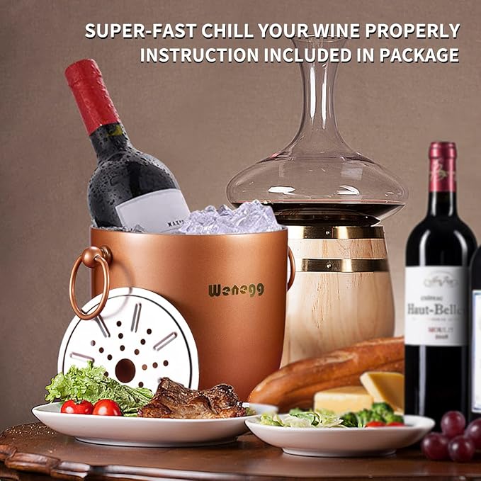Ice Bucket with Lid, Scoop, Tongs and Strainer - Well Made Insulated Stainless Steel Keep Ice Frozen Longer - Ideal for Cocktail Bar, Parties, Chilling Wine, Champagne - 3 Liter (Copper)