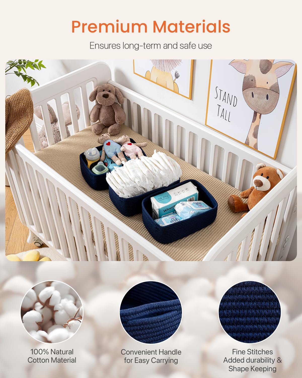 Small Woven Basket, 12 x 8 x 4.5 Inches, Storage Basket for Organizing, Cute Small Rope Shelf Closet Cube Storage Bins Baskets for Shelves, Dog Toy Gift Baskets Empty, 3 Packs, Navy Blue