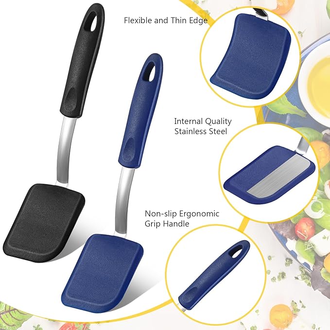 Silicone Cookie Spatula Turner 2 Pack Mini Brownie Spatula Flexible Kitchen Small Silicone Turner for Nonstick Cookware Heat Resistant No Scratch Flipper for Egg Pancake(Black,Blue)