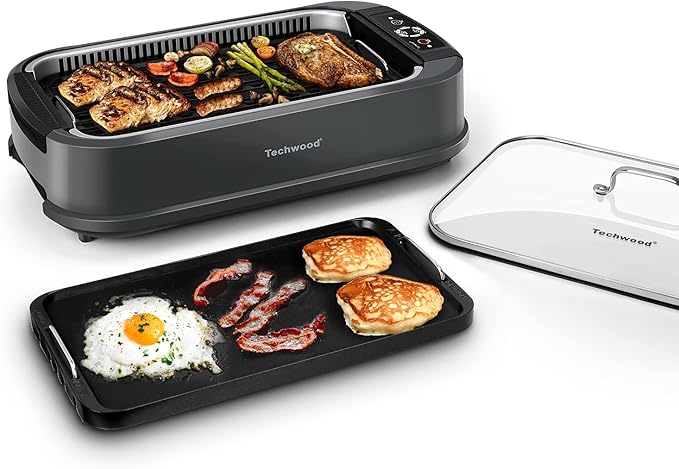 Indoor Grill, Techwood 1500W Smokeless Electric Grill with 2 in1 Nonstick Grill/Griddle Plates, Portable Korean BBQ Grill with 6-Level Control, Glass Lid, Dishwasher Safe, Double Plates, Gray