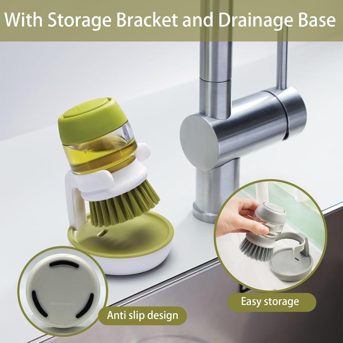 Soap Dispenser with Dish Brush and Storage Bracket, Easy to Clean Kitchen Utensils and Sink, Gray