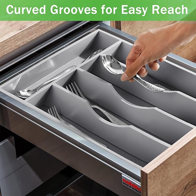 Greenual Gray Silverware Organizer 10 In Utensil Organizer Silverware Tray for Drawer Cutlery Flatware Organizer for Kitchen Bamboo Wood