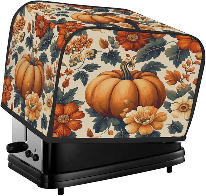 2 Slice Autumn Toaster Cover,Thanksgiving Pumpkin Fall Boho Floral Small Kitchen Appliance Bread Machine Cover with Pockets,Dust & Fingerprint Protection