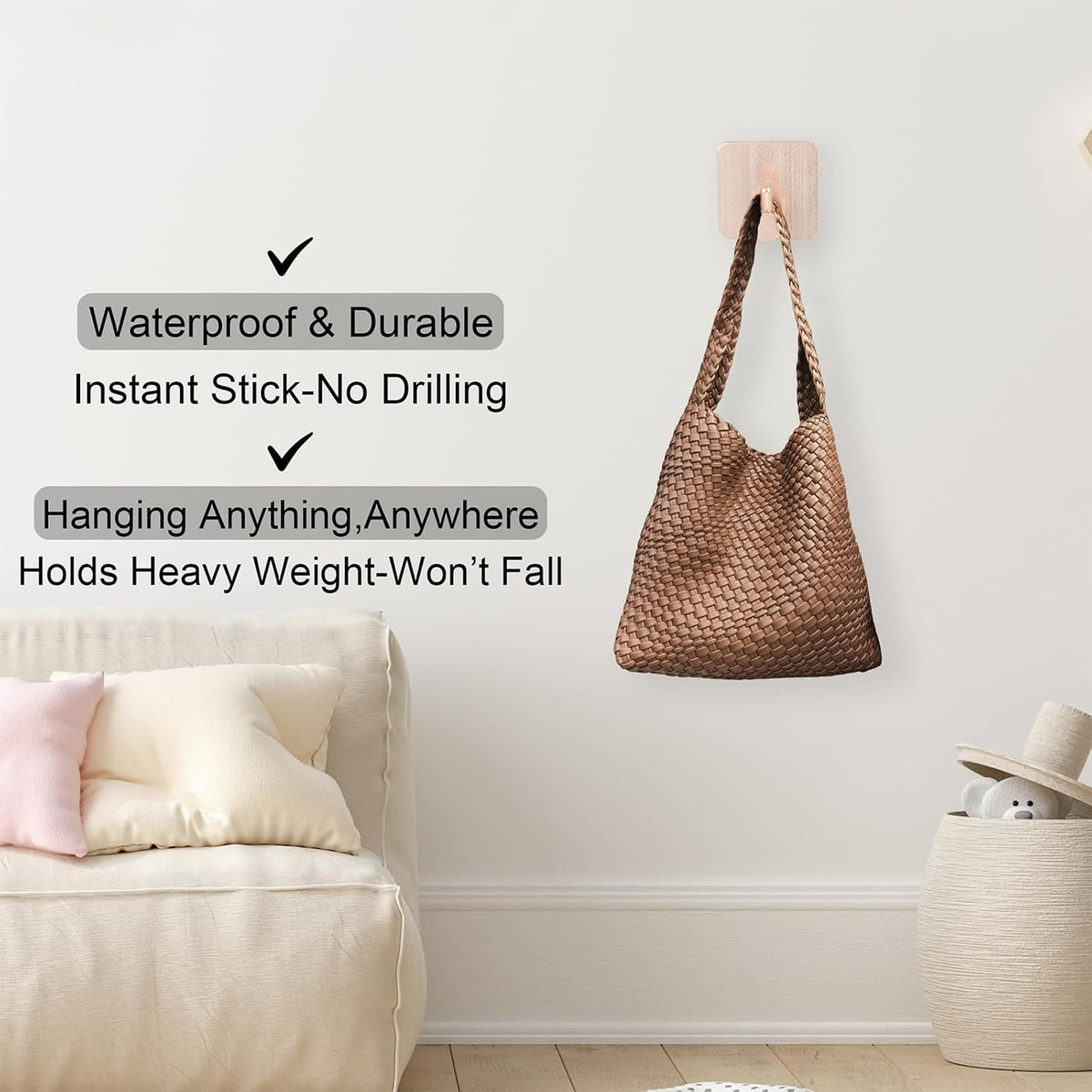 Aluminum Wall Hooks, No Drill Damage-Free Adhesive Hook, Product for Hanging Heavy Duty for Bathroom Kitchen Home (Single Square Rose Gold Hook, 4)