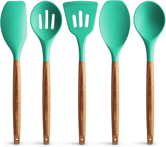 Zulay Kitchen Non-Stick Cooking Utensils Set with Authentic Acacia Wood Handles – 5-Piece Durable & Stylish Silicone Kitchen Utensils Set – Heat Resistant to 464°F – Mint