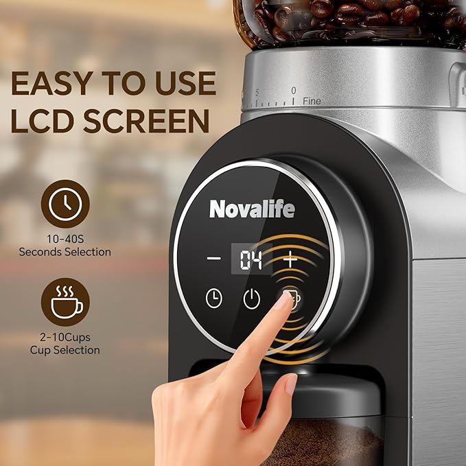 Electric Coffee Grinder, Burr Coffee Beans Grinder with 30 Grinding Settings, Burr Mill Grinder for Home Use, Touchscreen Adjustable 2-10 Cups or 40-Second Timer, Stainless Steel