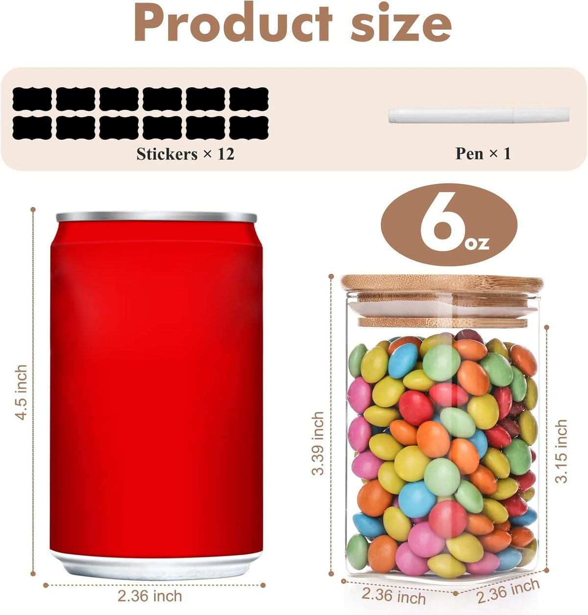 6oz Glass Spice Jars with Bamboo Lid and Label, 12 Pack Square Glass Container, Small Food Storage Containers for Kitchen, Clear Empty Seasoning Jar for Sugar, Salt, Coffee Bean, Herb, Borosilicate