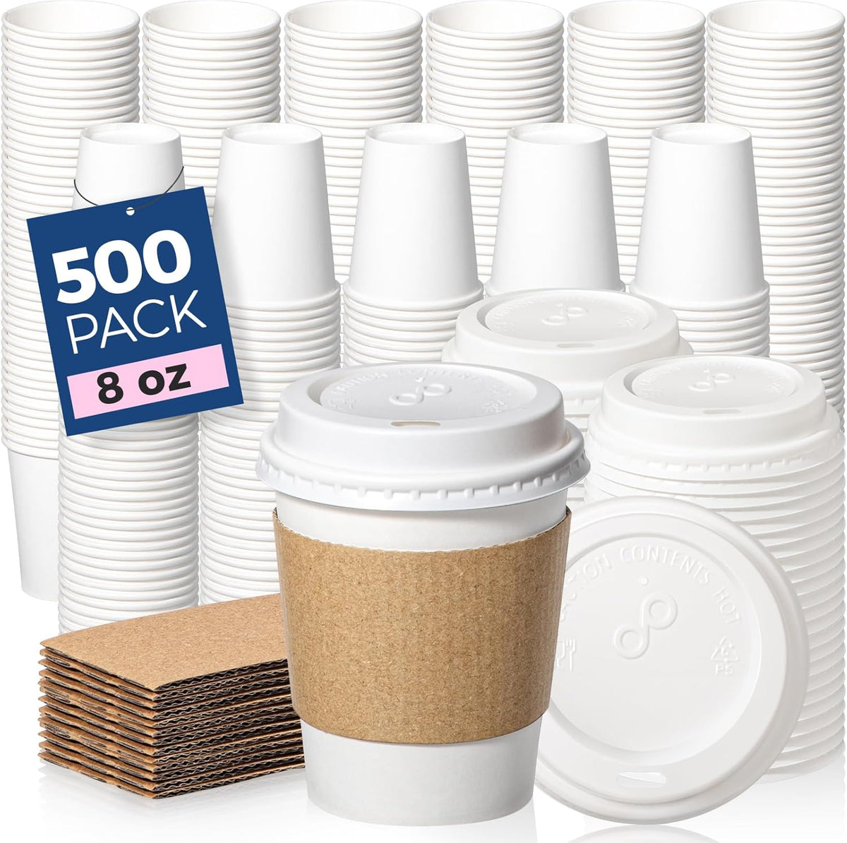 Fit Meal Prep 500 Pack 8 oz Disposable Coffee Cups with Lids, Sleeves, Leak-Proof To Go Coffee Cups with Lids, Durable Hot Paper Cups for Home, Office, Party, Business