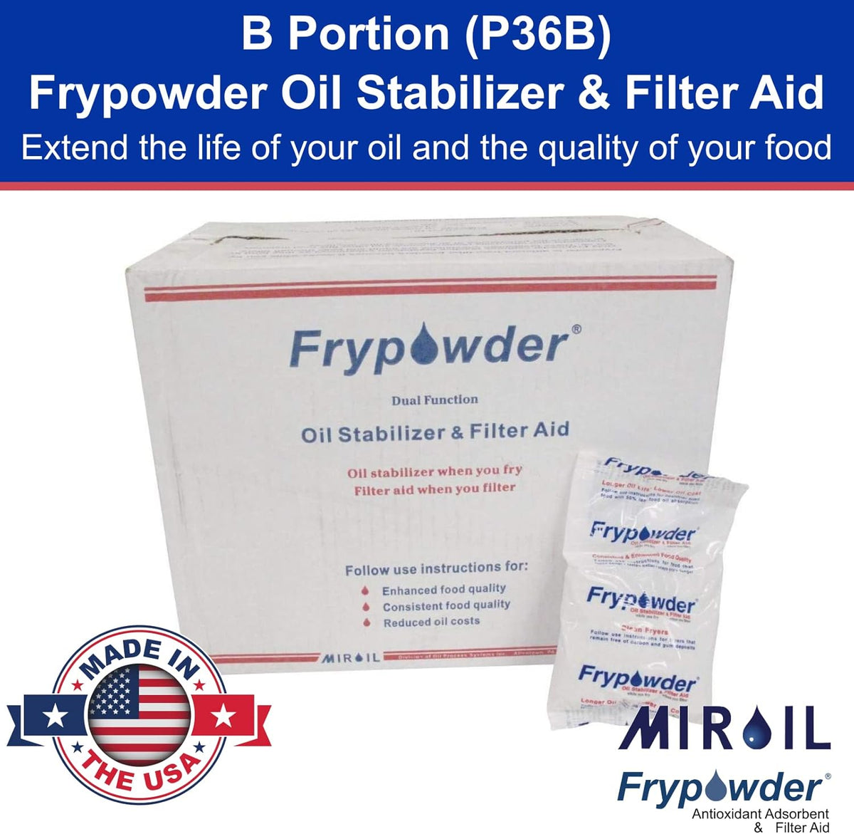 MirOil P36B Fry Powder Oil Stabilizer and Filter Aid, Deep Fryer Cooking Oil Saver Helps Save Grease & Remove Carbon Deposits, 72 x Size B Portion Pack(240ML Each) Fry Powder, Food Center Cooks Hotter