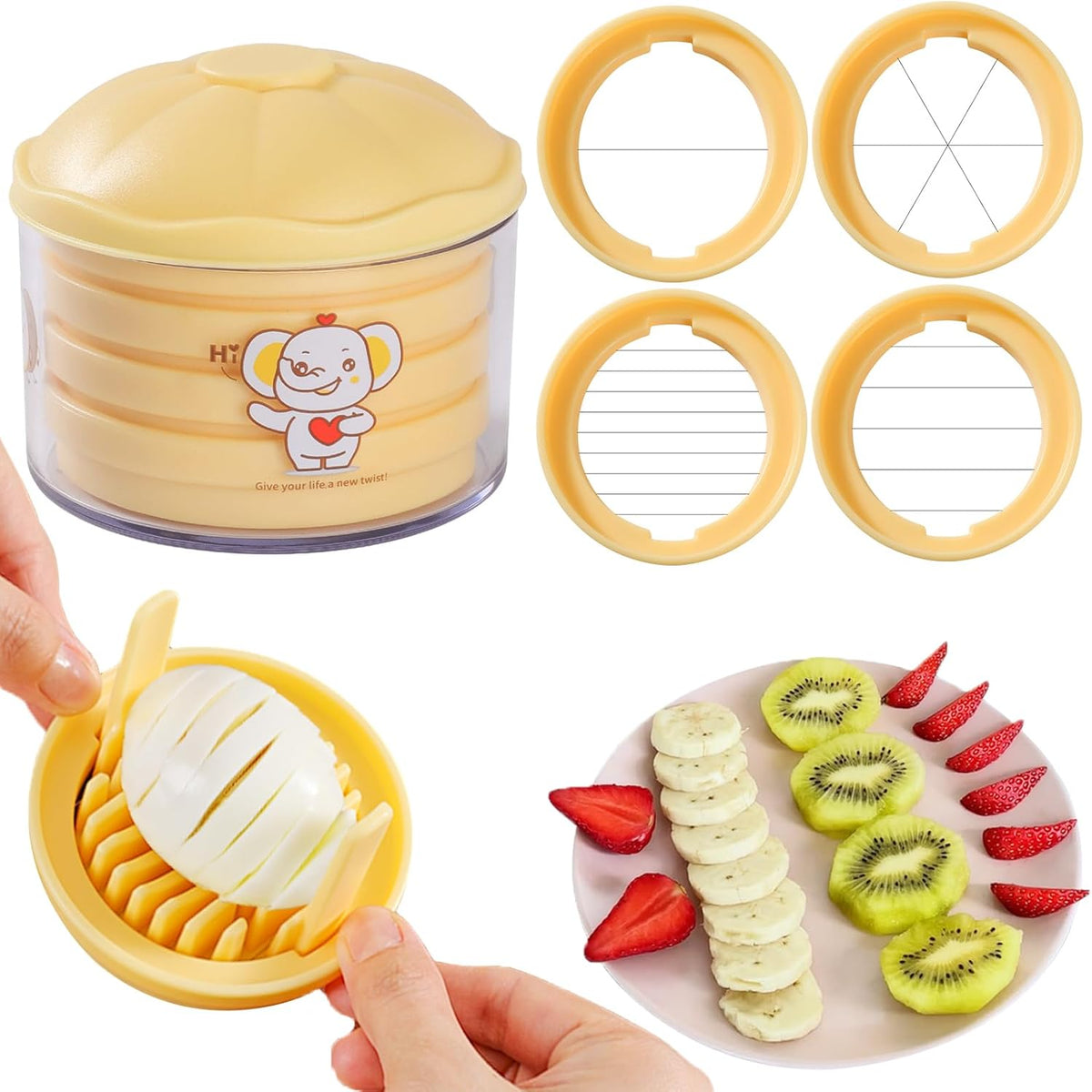 Egg Slicer, 4-in-1 Stainless Steel Wire Egg Cutter, Strawberry Slicer with Cute Container, Multi-Function Dicer and Chopper Tool for Hard Boiled Eggs, Mushrooms, Kiwis, Bananas, Tomato & Soft Fruits