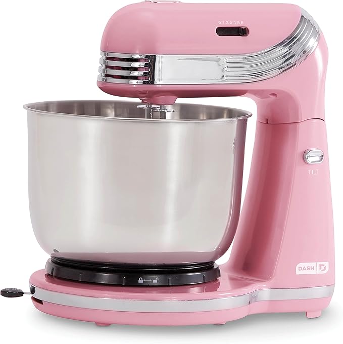 Dash Stand Mixer (Electric Mixer for Everyday Use): 6 Speed Stand Mixer with 3 Quart Stainless Steel Mixing Bowl, Dough Hooks & Mixer Beaters for Dressings, Frosting, Meringues & More - Pink