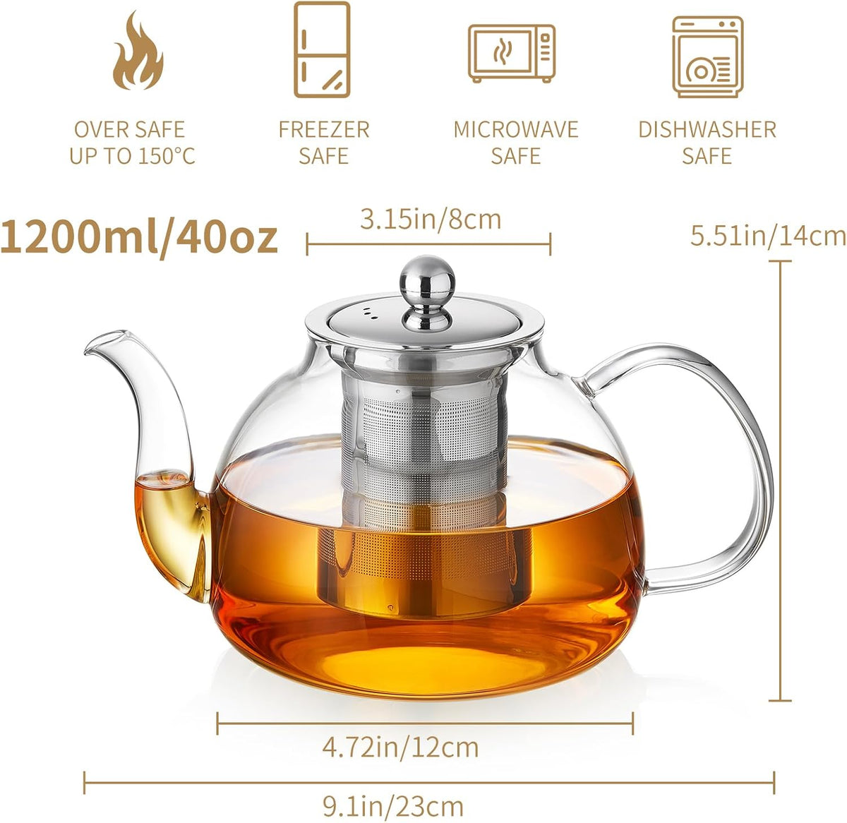 40OZ (1200ML) Glass Teapot with Infuser Stovetop Safe, Clear Glass Tea Pot Kettle, Borosilicate Tea Pot with Infusers Filter for Loose Tea, Tea Kettle Dishwasher Safe