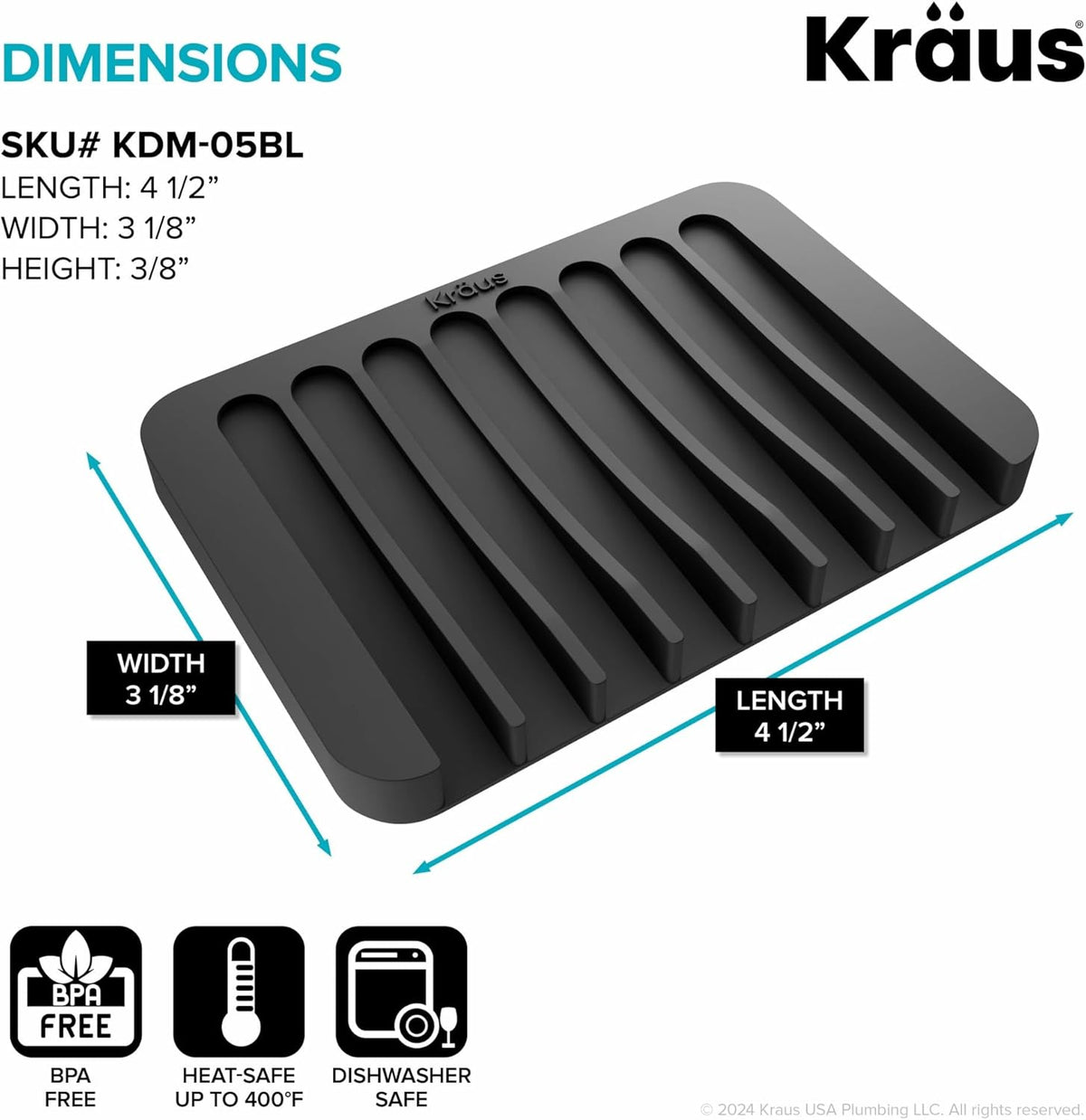 Kraus Self-Draining Silicone Dish Drying Mat and Silicone Soap Dish Holder for Bathroom or Kitchen Counter in Black, KDM-10-05BL