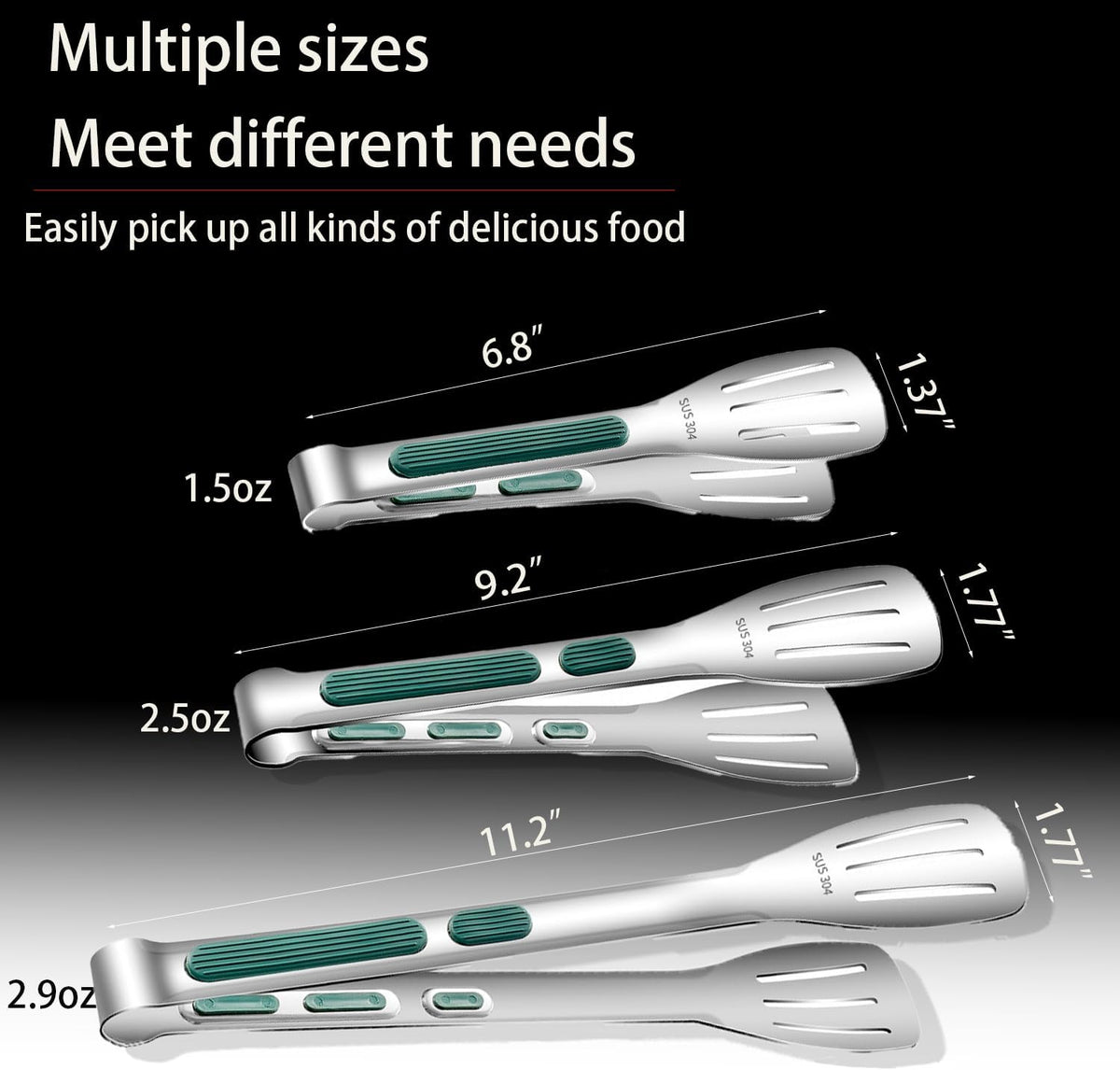 Stainless Steel Kitchen Tong Set - Anti-Slip Heat-Resistant Grip, Widened 3-Line Slotted Heads for Easy Clamping (Steaks, BBQ, Pasta, Salads), Easy Clean 3-Piece Set (6/9/11 Inches) for Versatile Use