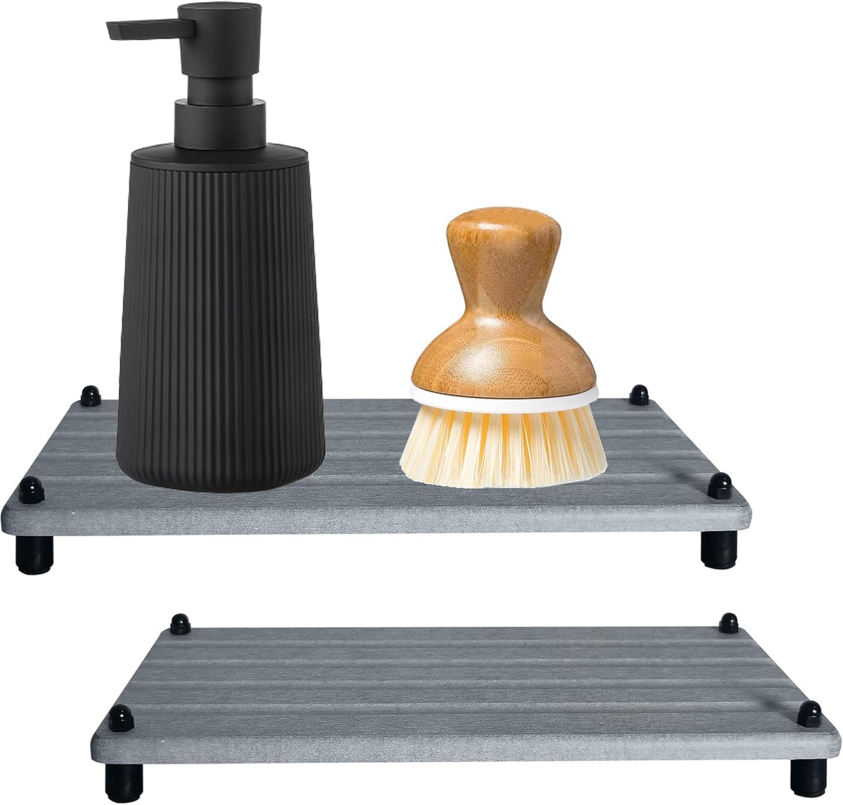 2 PCS Water Absorbing Stone Trays for Bathroom Counter, Fast-Drying Faucet Mat for Kitchen Sink, Diatomite Sink Caddy, Hand Soap Holder with Anti-Skid Feet (9.5" x 4.7" Gray)