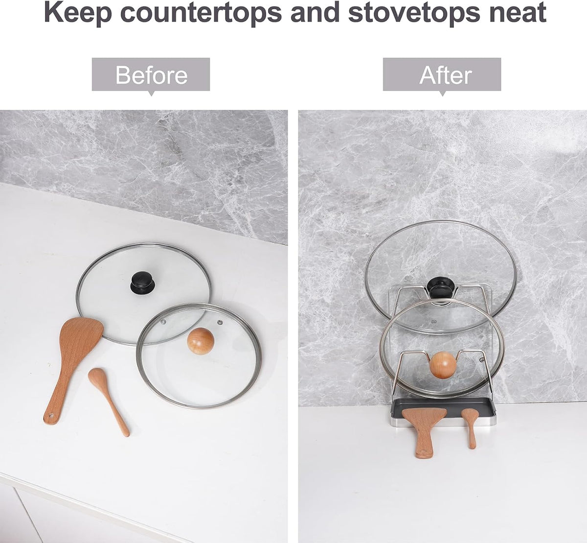 304 Stainless Steel Pot Lid Holder While Cooking, Kitchen Spoon Rest with Lid Holder for stove top, Multifunctional Kitchen Pot Lid Organizer for Countertop（Silver）