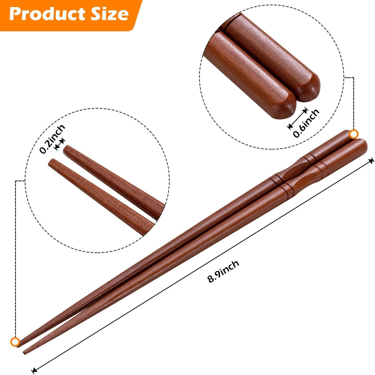 5-Pairs Japanese Chopsticks, Reusable, Non-slip Design, Natural Wood, Brown, 8.8 Inch/22.5cm, Easy to Use, Suitable for Beginners, Gift Set