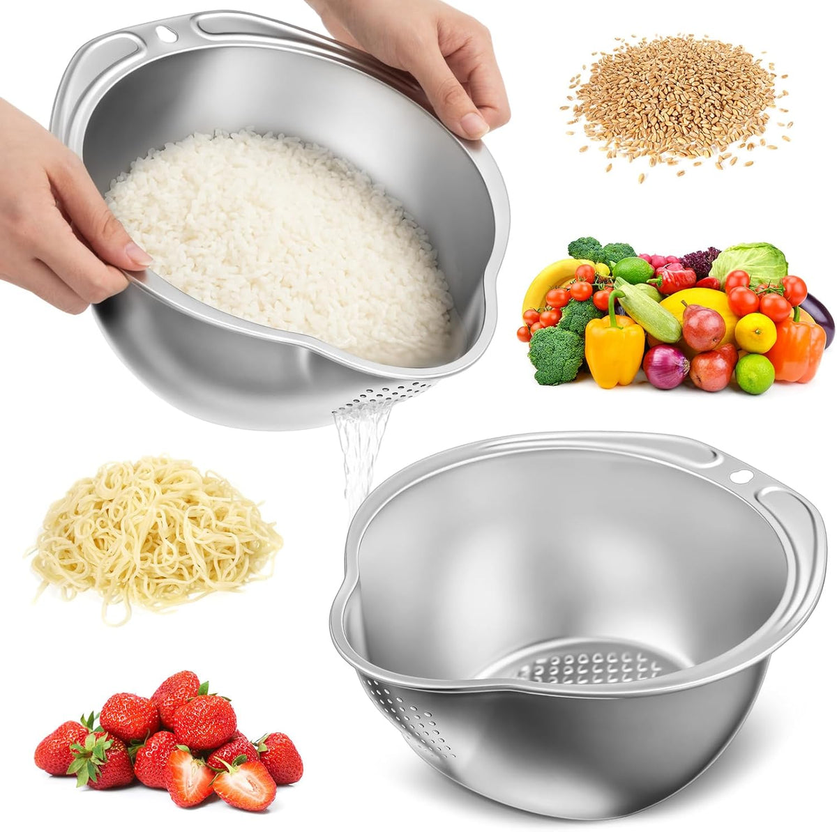 2 Pcs Rice Washer Strainer Bowl 4-in-1 Washing Bowl for Quinoa, Stainless Steel Rinser with Side Drainers Small Colander for Cleaning Fruits, Vegetables, and Beans - Versatile Kitchen Tool