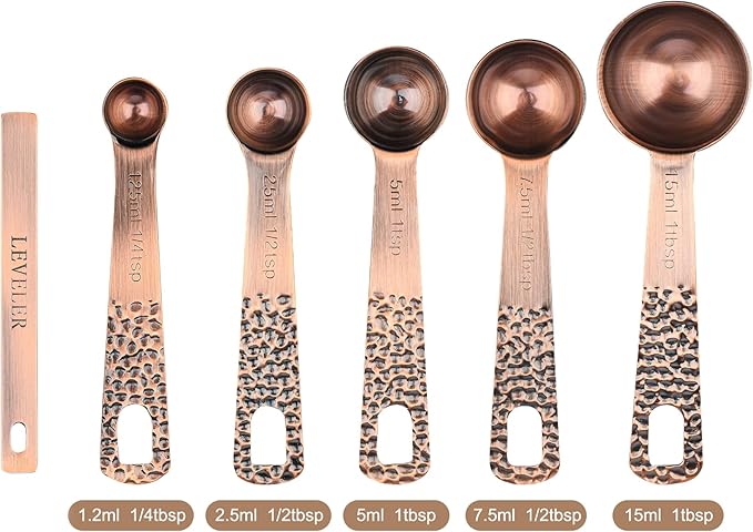Copper Measuring Cups and Spoons Set 10, Stainless Steel Measuring Cups and Spoons Set for Baking & Kitchen, Metric & US 4 Measure Cup & 5 Measure Spoon &1Leveler for Dry & Liquid