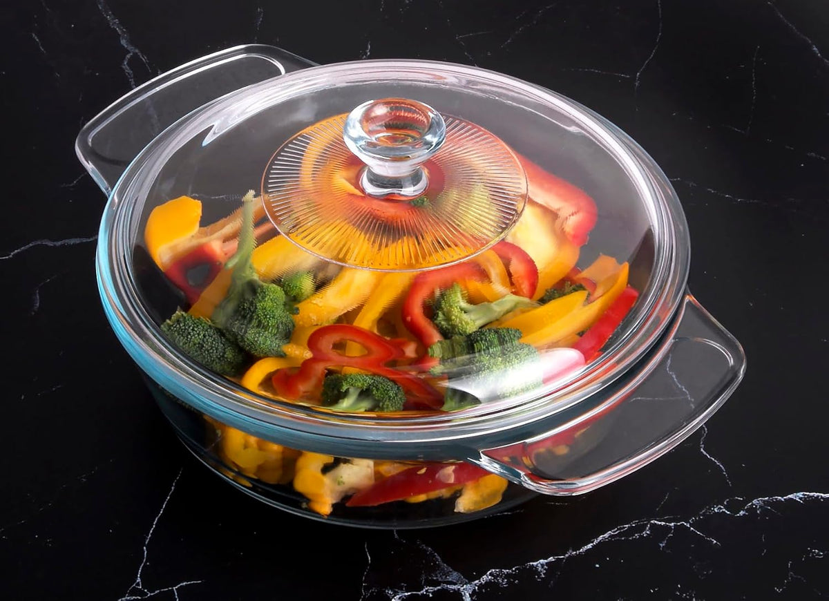 Clear Round Glass Casserole with Lid, Baking Dish with Glass Cover, Oven, Freezer and Dishwasher Safe (1.7-Quart Round)