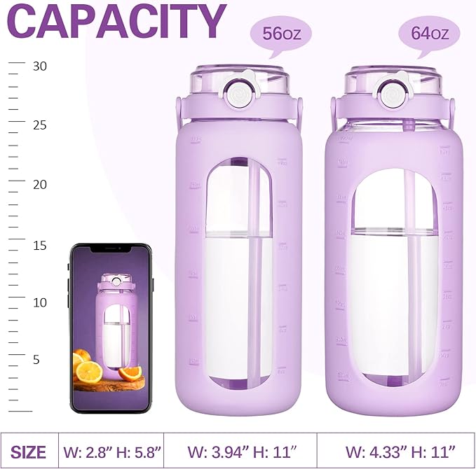 BLUEGO 64oz Glass Water Bottles with Straw Time Marker Half Gallon Large Motivational Water Bottle with Silicone Sleeve 2 Liter Large Glass Water Jug for Gym, Sports& Workout, Daily, Purple