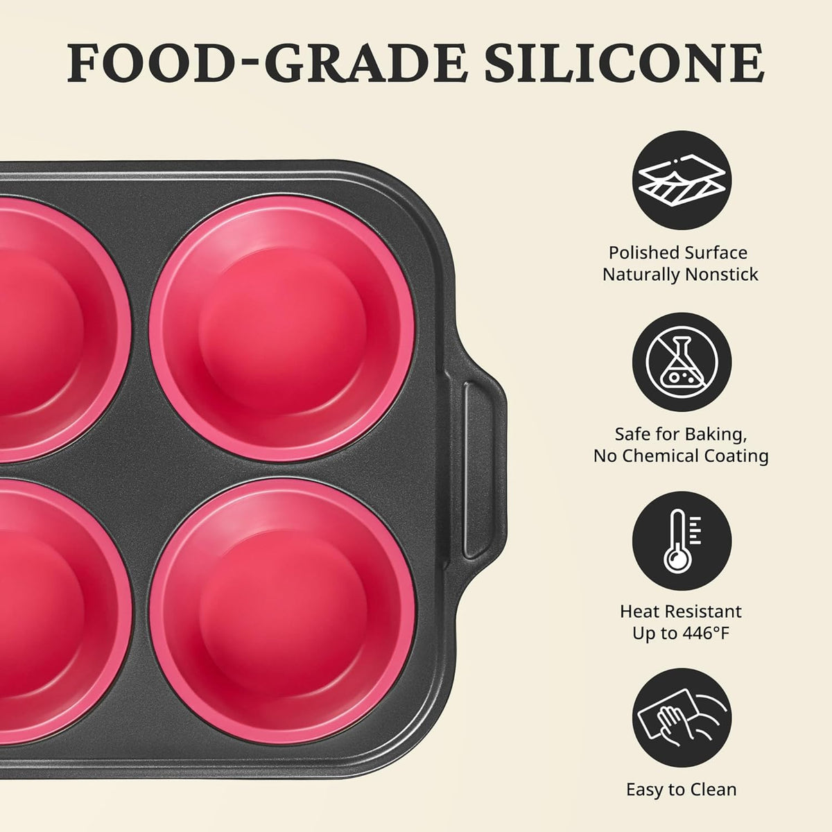BRONYPRO Jumbo Silicone Muffin & Cupcake Pan for Baking with Metal Frame, Extra Large 3.5dia Muffin Tins Easy to Pop Nonstick Non Toxic Bakeware for Oven, Rose Pink