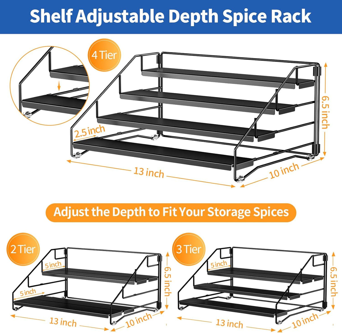 4 Tier Spice Rack for Cabinet, Spice Rack Organizer, Depth Adjustable Spice Holder for Countertop, Cupboard, Pantry, Seasoning Shelf, Metal, Black (1 Pack)