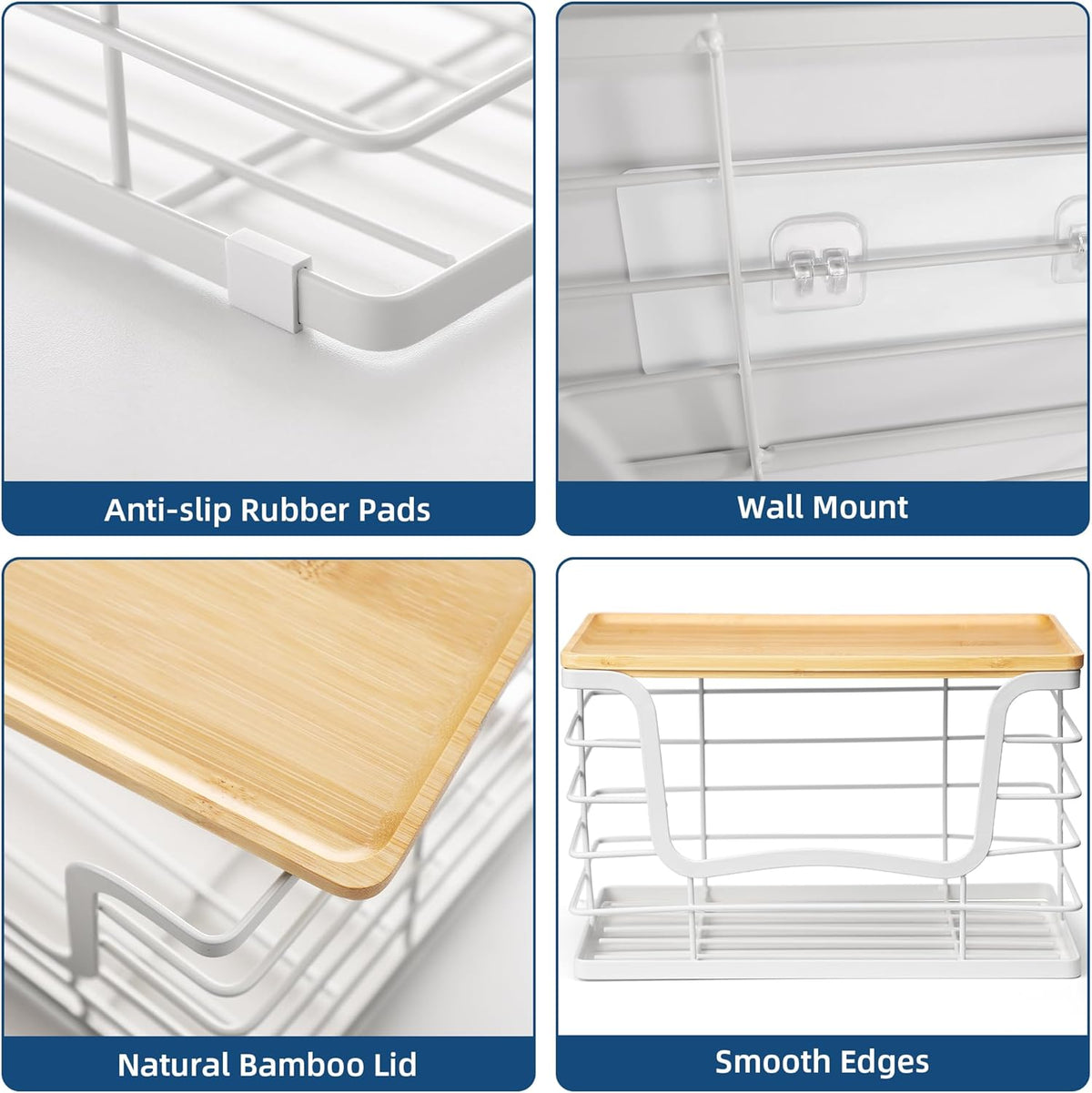 Trash Bag Dispenser Holder for Kitchen 2 Pack White Garbage Bag Organizer Wall Mount Stackable Bin with Bamboo Lid for Countertop, Under Sink, Laundry Room