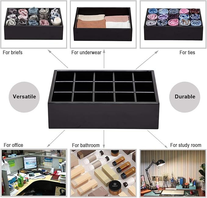 GOBAM Bamboo Closet Drawer Organizer, 15 Compartments - Drawer Divider & Storage Box for Ties, Bras, Briefs, Socks & Jewelry - Storage Organizer for Dressing Room & Bedroom - Black
