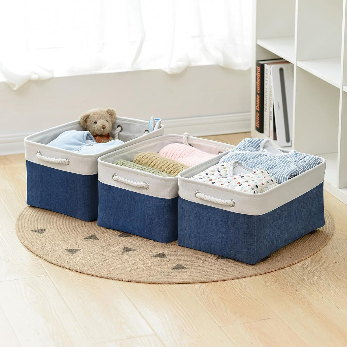 TcaFmac Organization and Storage Basket for Gifts Empty - 16x12x8 inch Large 4 Pack Collapsible Storage Box for Organizing, Fabric Storage Cubes for Cloth Toy Books Shelves(White & Jean Blue)
