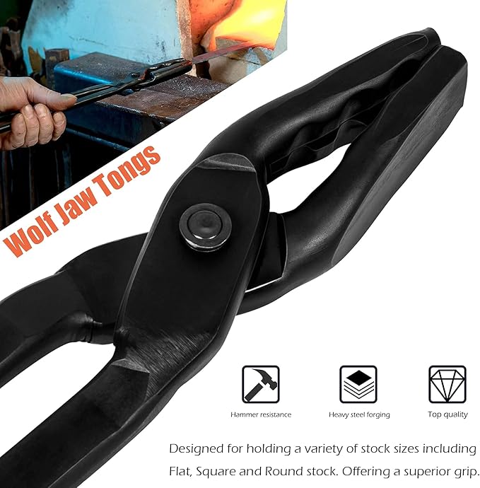 Yoursme Blacksmith Tongs - Wolf Jaw & V-bit Tongs - Blacksmith Forge Tools - Knifemaking Bladesmith - Black