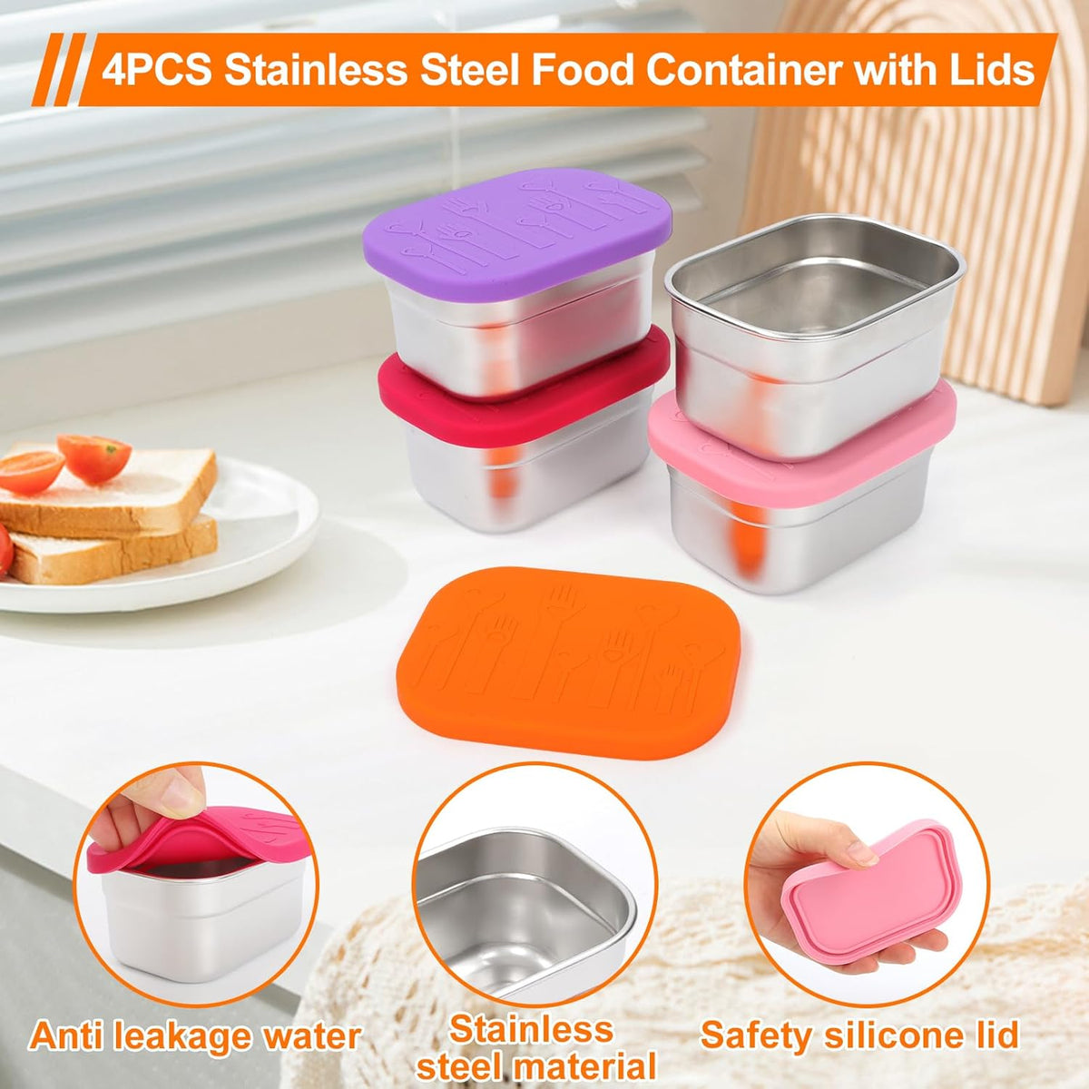 4 Pack Stainless Steel Snack Containers with Lids Set, 10oz Rectangular Easy Open Leakproof Reusable Snack Box Container for Lunch, Small Lunch Food Containers for Meal Prep, Salad Dressing To Go