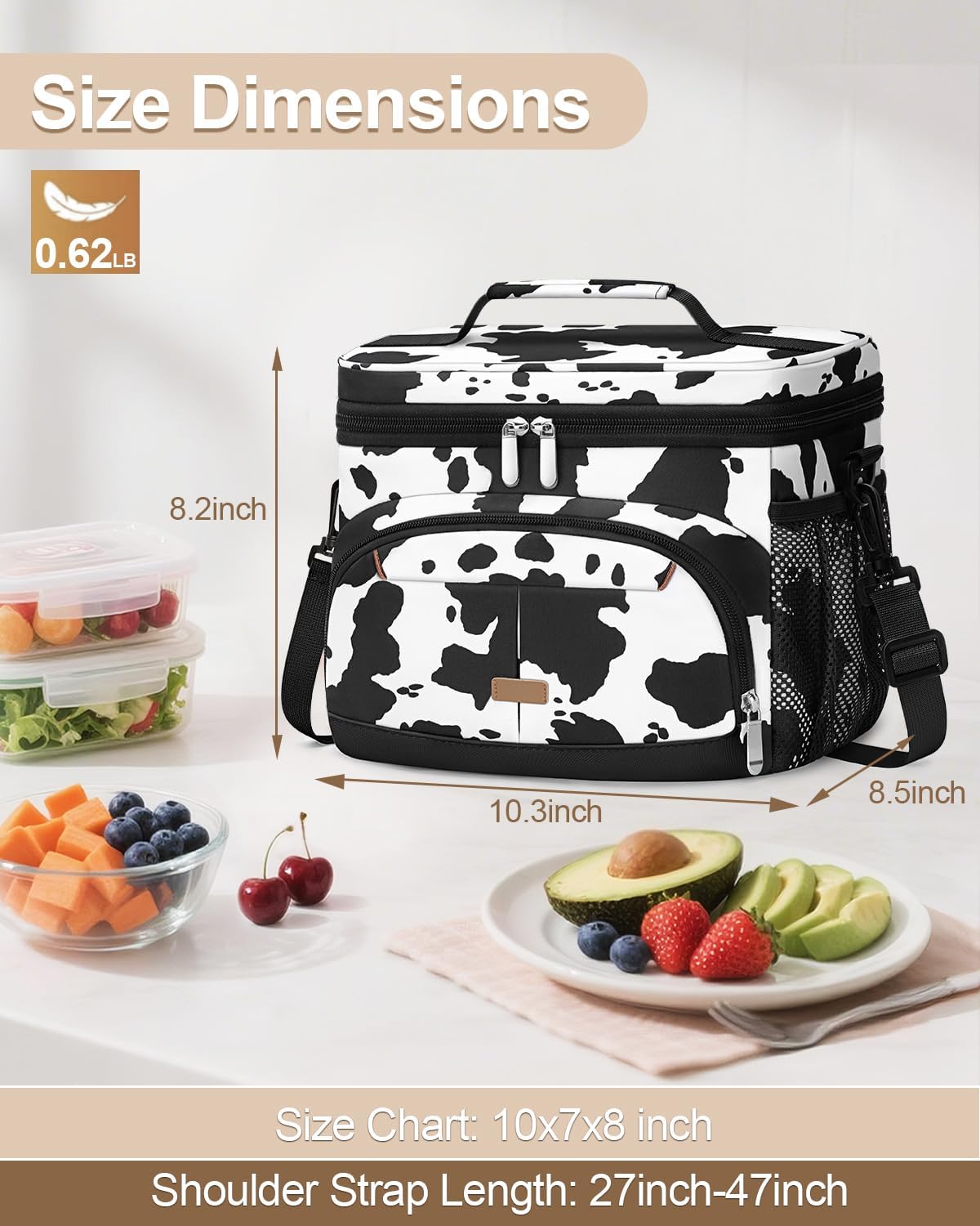 Lunch Box for Man Women, Insulated Lunch Bag Cooler Bag Leakproof Lunchbox Lunch Tote Bags with Removable Strap for Work School Picnic Travel (Cowprint/12L