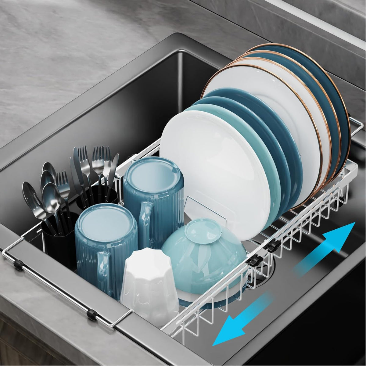 GSlife Expandable in Sink Dish Drying Rack - Stainless Steel Capacity Adjustable Over The Sink Dish Rack, Dish Drainer for Kitchen Sink Counter with Utensil Holder, 13.4"-20.5" L x 12.8" W, Silver