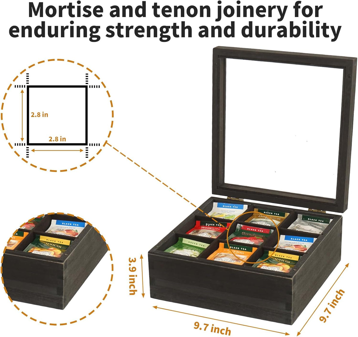 Black Wood Tea Bag Organizer, 9 Compartment Multi-Functional Tea Box and Storage Organizer,Tea Storage Chest with Acrylic Lid