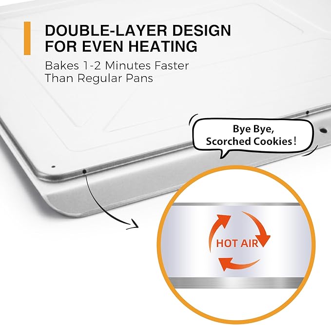 HONGBAKE 2 Pieces Large Flat Cookie Sheet No Edges, Nonstick Insulated Baking Pan, Commercial Oven Trays for Cooking, 16" X 14", Grey