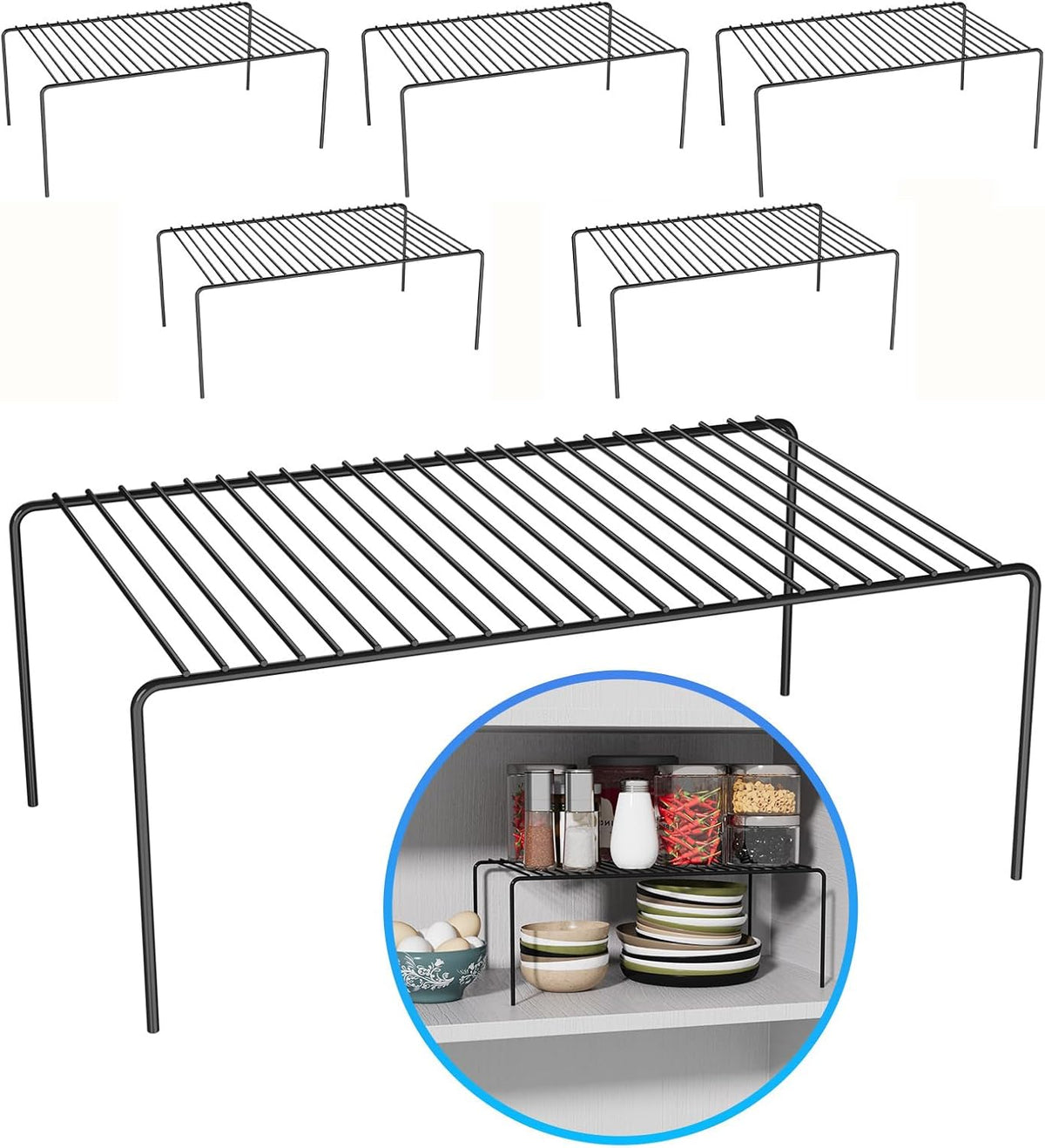 Large(15.7 x 9.4 inch)Black Cabinet Storage Shelf Rack Set of 6, Rustproof Metal Wire Kitchen Counter Organizers and Storage, Spice Organization for Cabinet, Plate, Dish, Pantry, Bathroom, Fridge