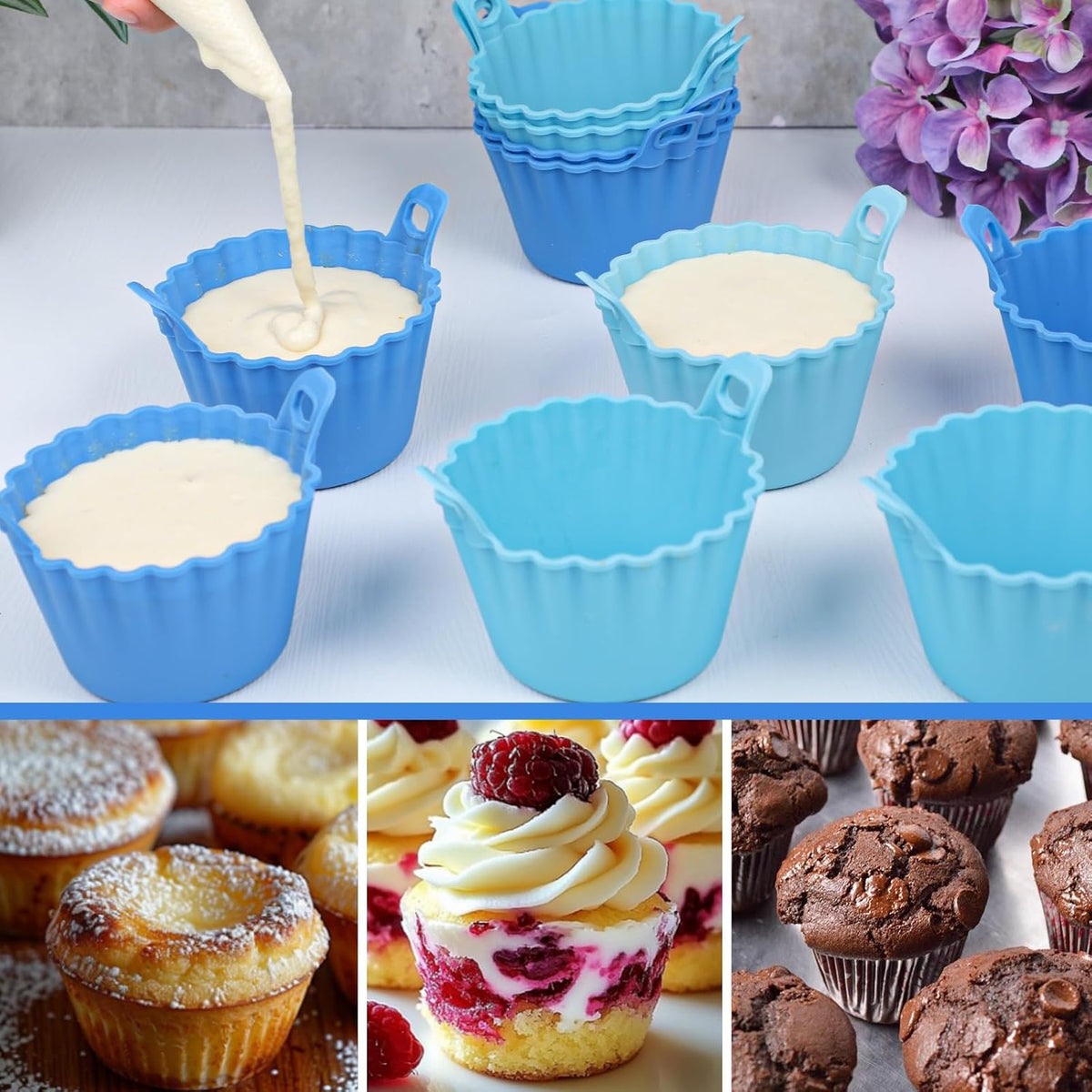 Koluti Nonstick Silicone Muffin Baking Cups Pack of 12, Reusable Cupcake Molds with Double Handle, BPA Free, Mini Round Air Fryer Cupcakes Liner, 3 Colors