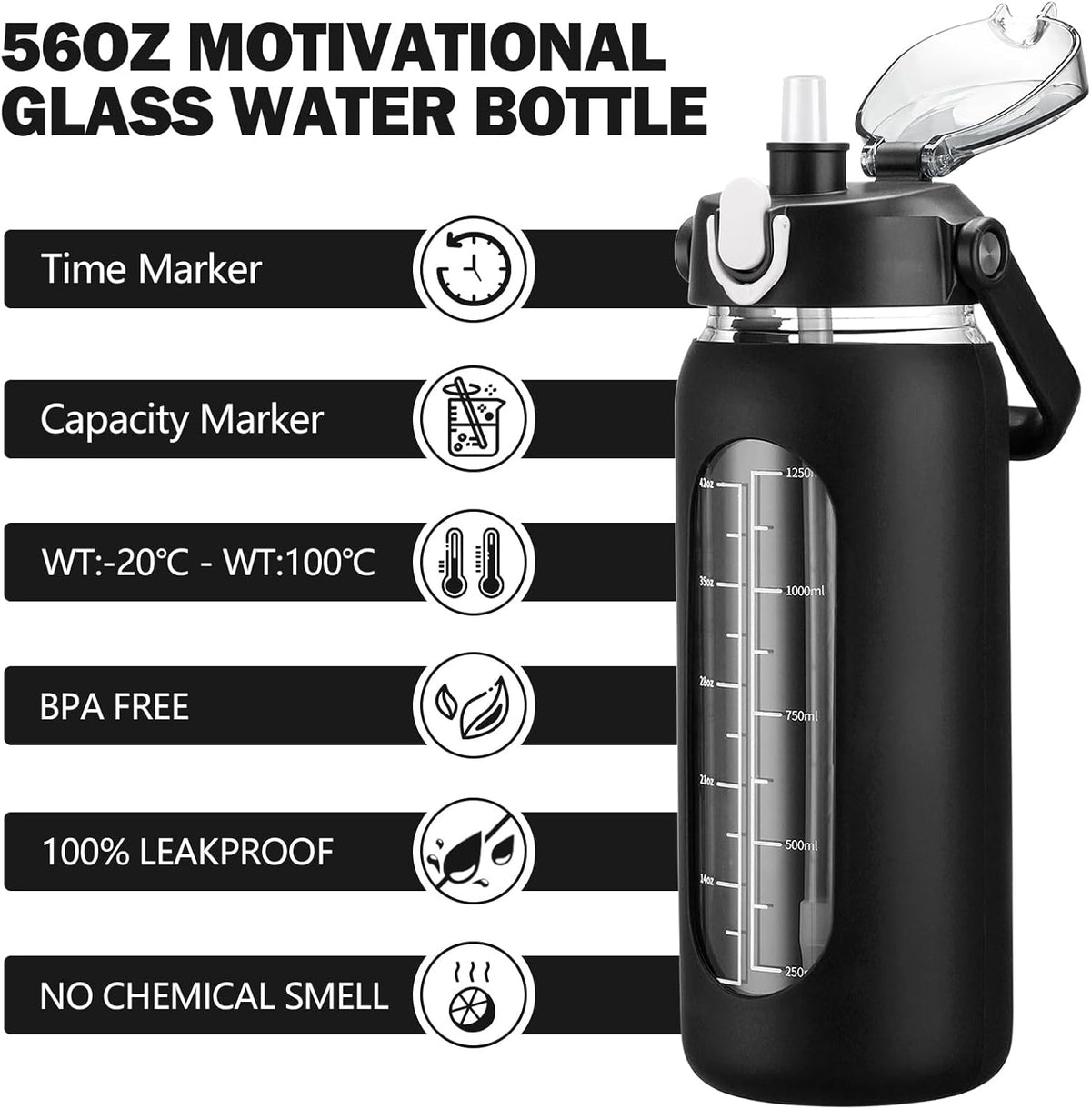 kytffu 56oz Glass Water Bottles with Straw, Motivational Glass Bottle with Silicone Sleeve and Time Marker, Leakproof Large Glass Water Jug for Gym Home Office, Black.