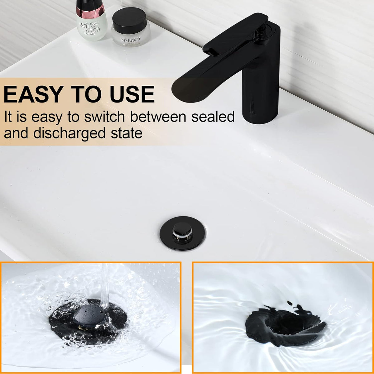 Black Bathroom Sink Drain Stopper, Sink Stopper Fits for 1.25" Drain Hole with 3 Rubber Rings, Anti Clogging Pop up Drain Filter Plug, Wash Basin Strainer with Basket, Matte Black
