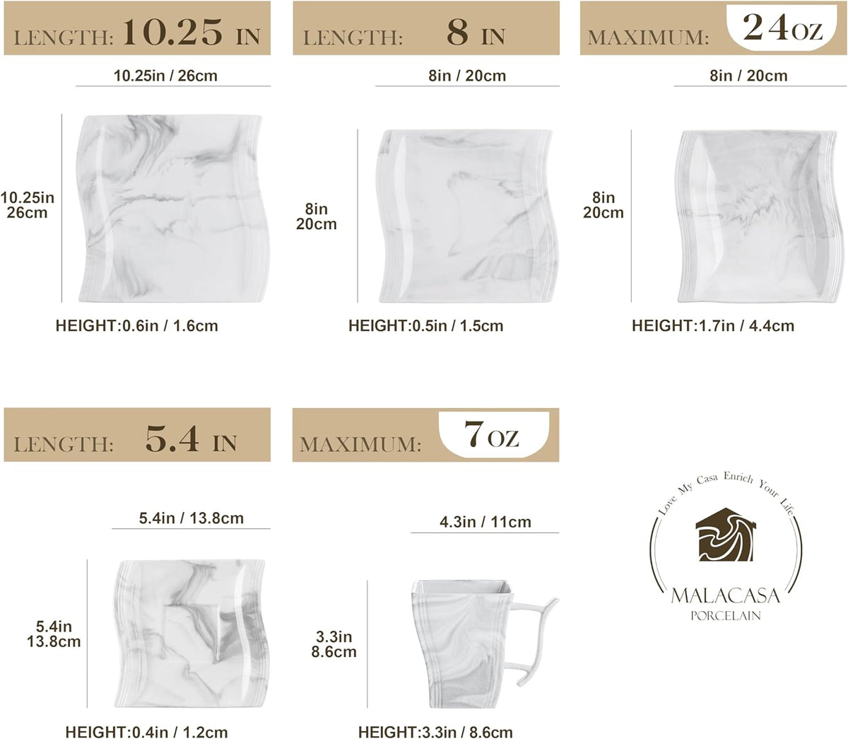 MALACASA Plates and Bowls Sets, 30 Piece Porcelain Dinnerware Sets for 6, Square Dinnerware Set with Dinner Plate, Dessert Plate, Soup Plate, Cup and Saucer, Modern Dish Set, Marble Grey, Series Flora