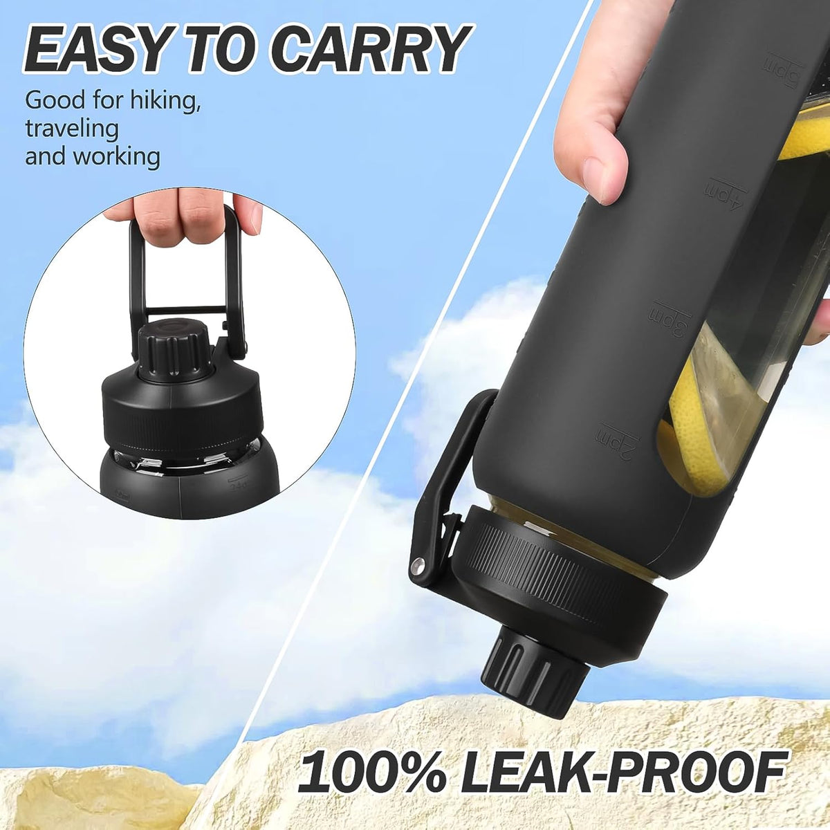 Glass Water Bottle with Straw, 24oz Glass Drinking Bottle with 2 Lids-Bamboo and Spout Lid with Phone Holder Handle for Gym Sports,with Silicone Sleeve and Time Marker,Black