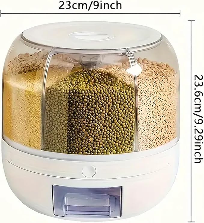 360° Rotating Grain Dispenser, 6-Grid Large Rice Storage Container (13 Lbs), One-Click Output Sealed Food Storage for Rice, Beans, Cereal - Countertop Kitchen Organization