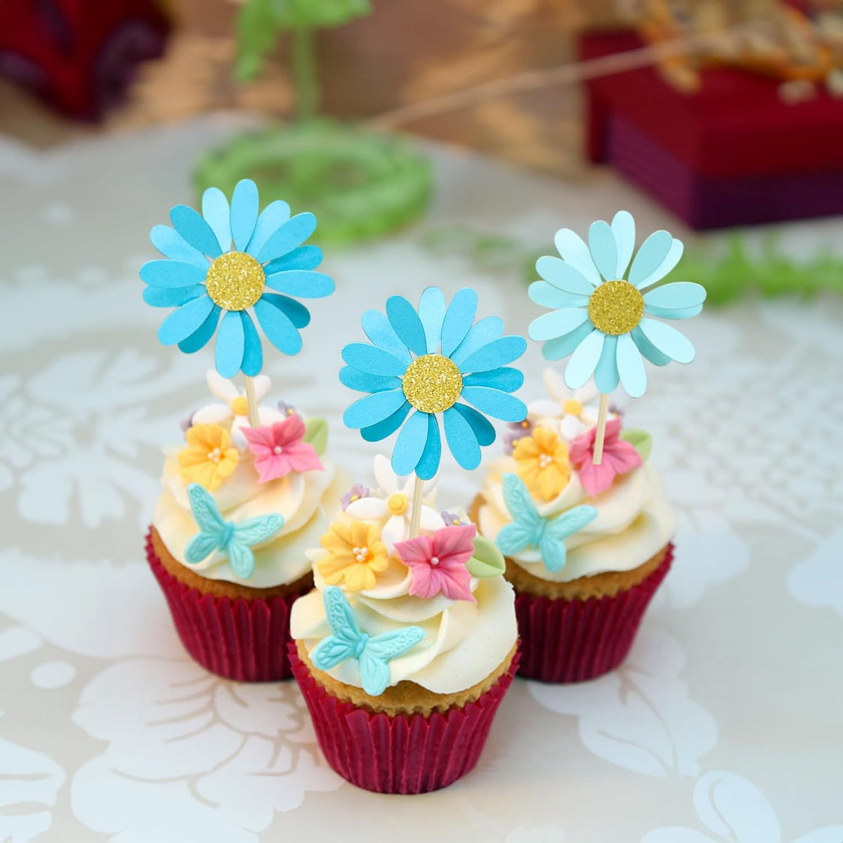 Ephlyn 24Pcs Daisy Cupcake Toppers Flower Cake Topper Decorations Daisy Cake Decorations Chrysanthemum Cupcake Toppers Spring Daisy Flower Cake Picks for Birthday Wedding Supplies Blue