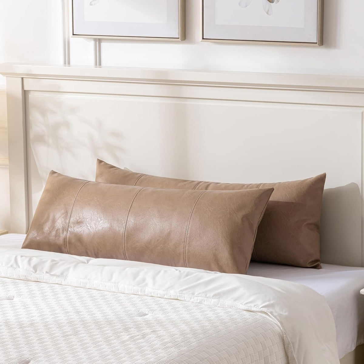 Fancy Homi Tan Long Lumbar Waterproof Faux Leather Body Decorative Throw Pillow Cover 14x36 Inch for Bedroom Couch Bed Bench, Beige Hand Stitched Cushion Case, Taupe Modern Farmhouse Room Decor
