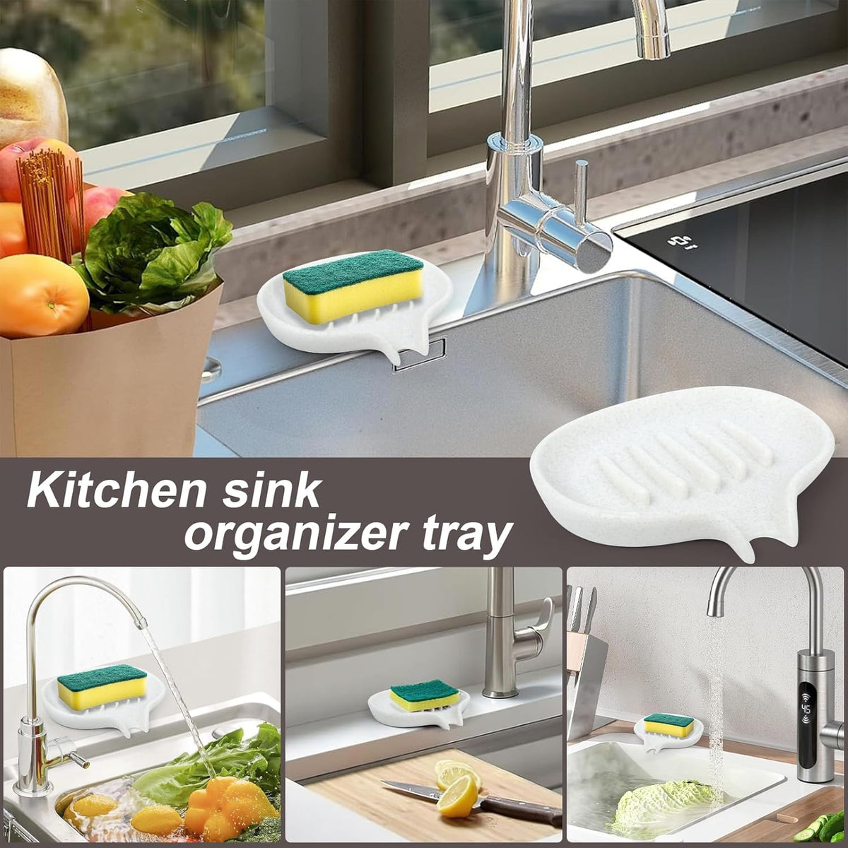 2 Pcs Soap Dish with Drain- Self Draining Bar Soap Holder for Shower, Marble Look Soap Savers Soap Tray Sponge Holder for Kitchen, Bathroom, Bathtub Sink, Crystal White