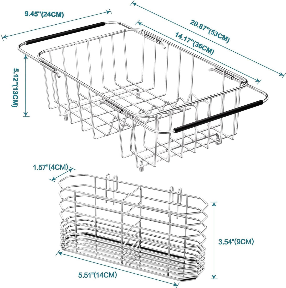 Small Dish Drainer Rack in Sink Adjustable, Expandable 304 Stainless Steel Metal Dish Drying Rack Organizer with Stainless Steel Utensil Holder Over Inside Sink Counter, Rustproof(For 1-2 People)