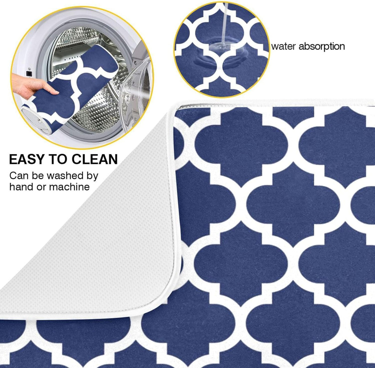 Navy Blue Trellis Lattice Dish Drying Mat for Kitchen Counter Absorbent Microfiber Drying Pad, Large 18x24 in, Reversible Drainer Mats