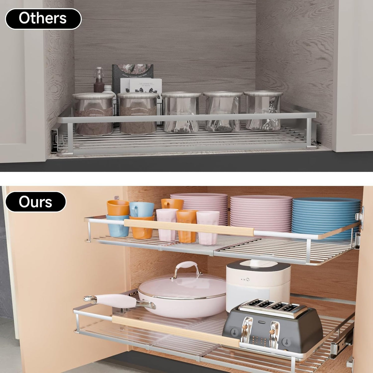 1Pack Expandable Pull Out Cabinet Organizer, Slide Out Drawers for Kitchen Cabinets, Heavy Duty Drawer Slides for Home Kitchen Pantry Cupboard Pots Pans, Adjustable Width 12.3"~18.5" W x 22.5''D